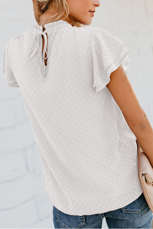 Tiered Sleeve Frilled Neck Dotted Top